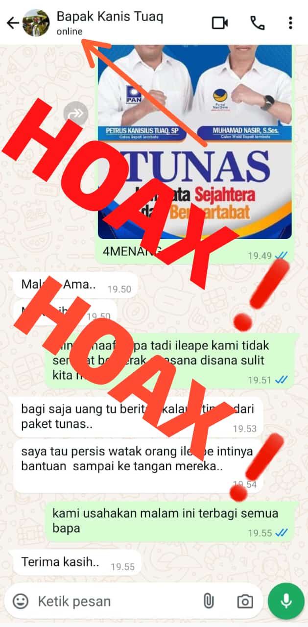 Jelang Hari Pemcoblosan, Beredar Potongan Percakapan Bagi Bantuan, Kanis Tuaq: Itu Hoax